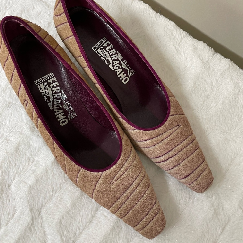 Salvatore Ferragamo Collection-Plum&Tan Suede Shoes with 2 in heel; Size 9 1/2